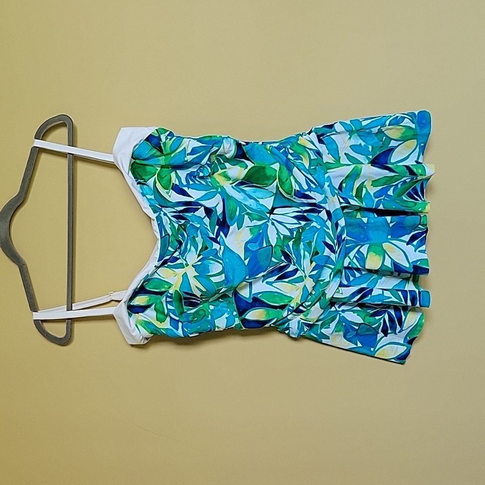 Chaps Women One-Piece Swimdress in Blue, Green & White Leaf Print